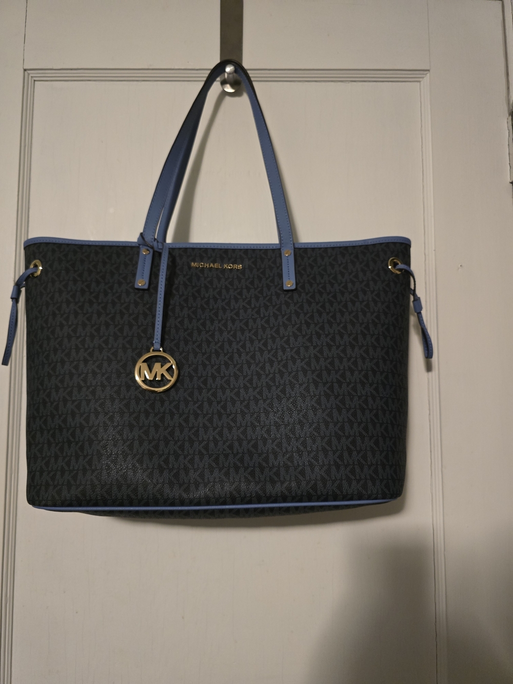 Michael Kors Signature Blue Monogram Zip Tote Canvas with Leather Trim, COA
